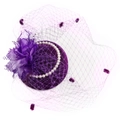 Elegant purple fascinator hat featuring delicate mesh netting, feathers, and pearls - Glitter Purple