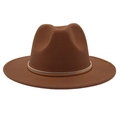 Detailed view of brown felt fedora hat featuring a stylish gold metal band decoration - Khaki (Gold Ring)