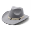Detail of grey wool cowboy hat with white leather band and embossed metal buckles - M (56-58cm) / Gray