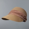 Detail of khaki straw sun visor with dark brown pleated ribbon and small metal emblem - M(56-58cm) / Khaki