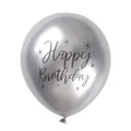 12-inch metallic silver Happy Birthday latex balloon with black stars and calligraphy - Metallic Silver