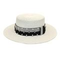 Women's white straw boater hat with decorative pearls and rhinestone band detail - Pure White