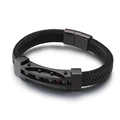 Men's black woven leather bracelet with matte black stainless steel industrial buckle - 19cm / Black (KB152576-KFC)