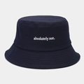 Detail showing white absolutely not embroidery on navy blue cotton bucket hat - M(56-58cm) / Navy Blue