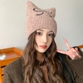 Katzenohr-Strickmütze mit Schleifenbestickung in Hellbraun für Herbst und Winter - Khaki