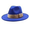 Close-up of royal blue wool fedora featuring a gold satin ribbon and bee metal badge - Sapphire Blue
