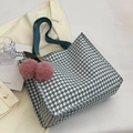 Blue and white houndstooth large tote bag with a pink fluffy pompom charm detail - No Pendant / Light Blue