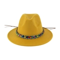 Mustard yellow wool fedora hat with ethnic style colorful beaded braided trim bands - 58cm / Yellow