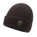 Bonnet en maille côtelée marron foncé pour homme avec doublure polaire et écusson logo - Taille unique / café