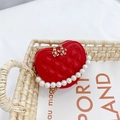 Red heart-shaped quilted mini bag for girls with decorative pearl handle chain - Red