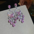 Macro shot of silver tassel earrings with pink gems and sparkling butterfly details - Earrings (Clip) / Silver-Pink
