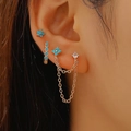 Chic gold-plated fringe earring set with turquoise stones and zircons shown on model - Set of 3 (1975) / KC Gold