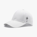 White cotton baseball cap with black side cross embroidery and breathable vent holes - White