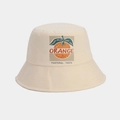Macro detail of high-quality orange print on beige cotton bucket sun hat fabric - M (56-58cm) / Beige