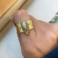 Vintage gold-plated stainless steel ring with rectangle grey natural stone and star burst - Adjustable Open / Gray