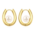 Elegant 18K gold plated oval hoop earrings with pearl inlay for women fashion - 18K Gold / Gold