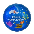 Blue 18-inch round Feliz Cumpleaños foil balloon with ocean shark and crab patterns - Round Spanish Shark Birthday