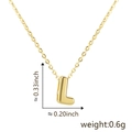 Detailed view of golden letter L pendant showing 0.33in height and 0.6g weight metrics - Letter L