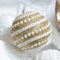 Champagne gold glitter Christmas ball ornament with white pearl chains and lace - Champagne Horizontal Stripe Pearl Ball 8cm