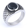 Retro stainless steel ring with round black gemstone and grid texture on silver band - Silver Tone + Black Gemstone Style 2