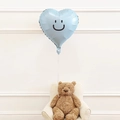 Light blue heart-shaped smiley face balloon floating above a cute brown teddy bear - Heart + Smile Sticker / Vintage Blue