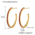 Golden stainless steel C-shaped hoop earrings featuring inlaid pink round cut zircon stones - Style A-15mm / Gold Pink Zirconia