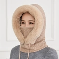 Gebreide winterkap voor dames in kaki met imitatiebont en verstelbaar trekkoord ontwerp - Beige