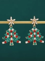 Chic gold-toned Christmas tree drop earrings with vibrant red, green, and white crystals - KC Gold Red Green White Stone Tree (M-812)
