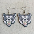 Quirky wooden wolf head print earrings with silver hooks on a grey textured background - Grey Wolf