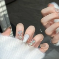 Cat eye aurora press-on nails with shimmering green and glitter details on hands - Extra Small (XS) / Lime Green Cat Eye Short Trapezoid (1338)
