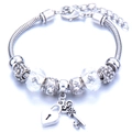 Silver snake chain bracelet with heart lock charm and transparent glass beads - White
