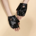 Black PU leather half-finger gloves with breathable holes and adjustable wrist strap - One Size / Black