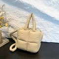 Quilted cloud puffer tote bag in pale yellow nylon with shoulder strap and handles - Khaki