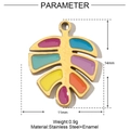 Detail of leaf-shaped stainless steel pendant with gold edges and green enamel inlay - Rainbow Leaf
