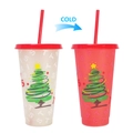 710ml color-changing cold cup with Christmas tree pattern and straw in white to red - 701-800ml / Christmas Tree Outline (Red)