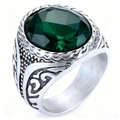 Vintage silver mens ring with large oval green gemstone and intricate bohemian engravings - Silver Steel With Green Gemstone