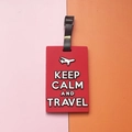 Red PVC luggage tag with Keep Calm and Travel text and white airplane icon - KEEP CALM AND TRAVEL Slogan / Red