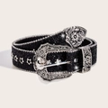 Cintura vintage nera glitterata con fibbia floreale argentata e borchie a stella - Nero rosa