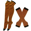 Macro detail of St. Patrick's Day knee-high socks and arm warmers with orange stripes - Orange Black Thin Striped Socks and Gloves