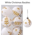 Set of 6 white Christmas balls with gold glitter leaves and stars in a transparent box - I-White Ball with Gold Branches