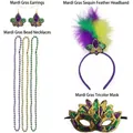 Mardi Gras accessories set featuring sequin feather headband, mask, beads, and fleur-de-lis earrings - Mardi Gras Set (Earrings, Necklace, Headband, Mask)