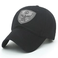 Black cotton baseball cap with vintage eagle shield patch in a side perspective view - Adjustable / Black