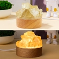 Natural yellow crystal cluster night light with round wooden base in on/off modes - Raw Citrine Stone-Warm Light