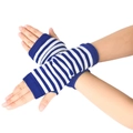 Detail of blue and white striped knitted fingerless gloves showing elastic ribbed cuffs - One Size / Royal Blue and White Striped