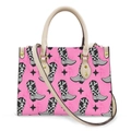 Bright pink PU leather handbag with cow print cowboy boots and black star patterns - Pink Print/Cowboy Boots/Beige Handle