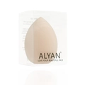 Detail view of a beige teardrop makeup sponge in its transparent branded storage box - Light Skin