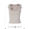 Detail of square neckline and ribbed knit texture on a beige slim-fit tank top - S / Beige