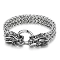 Close-up of vintage stainless steel Franco link chain with detailed wolf head clasps - 21cm / Silver Dragon Head