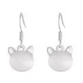 Detailed close-up of cat-shaped drop earrings with white opal stones and silver ear hooks - Cat Earrings / White K (N-105)