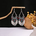 Bohemian silver earrings with turquoise beads and feather tassels on a rustic wood branch - E4908 Red Blue Feather Tassel